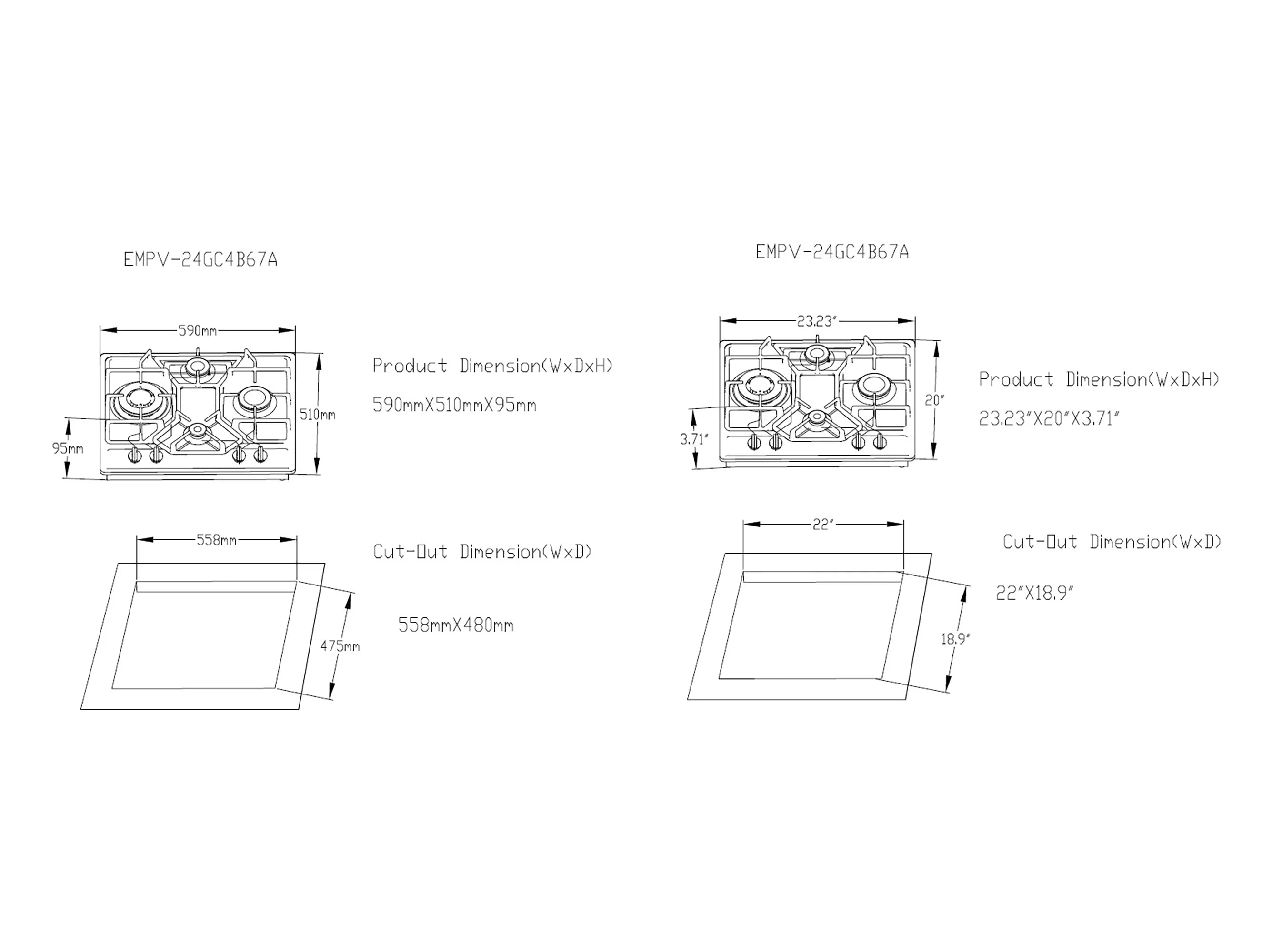 Built-in 4-burner gas cooktop diagram with dimensions and cut-out measurements