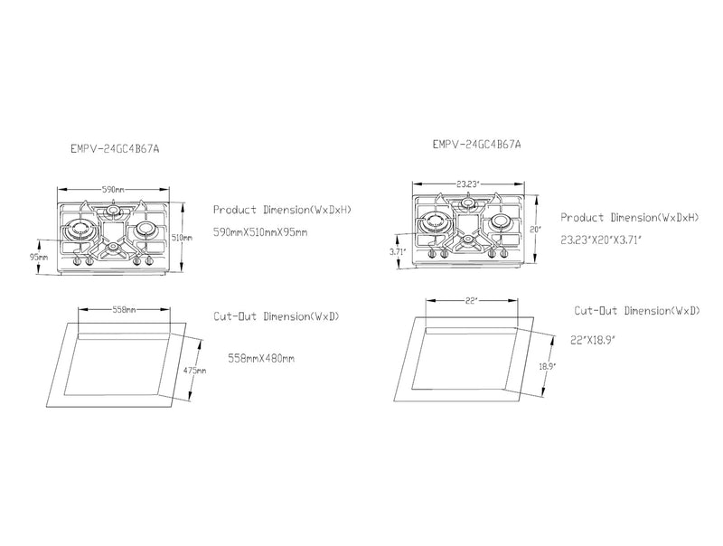 Empava 24-Inch Built-in Natural Gas Cooktops with 4 Burners in Stainless Steel (EMPV-24GC4B67A)