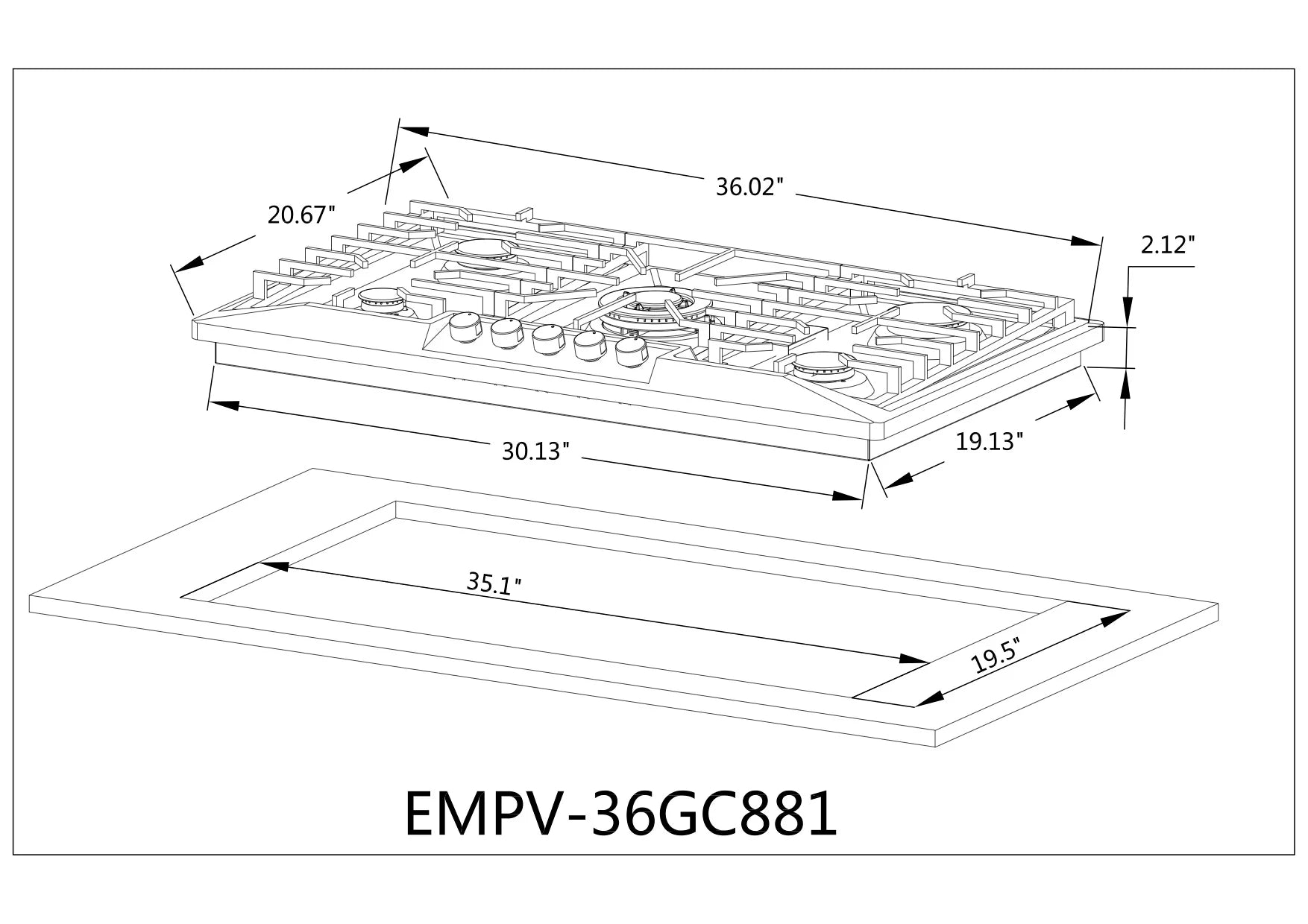 Built-in natural gas cooktop technical drawing with overall dimensions and burner layout