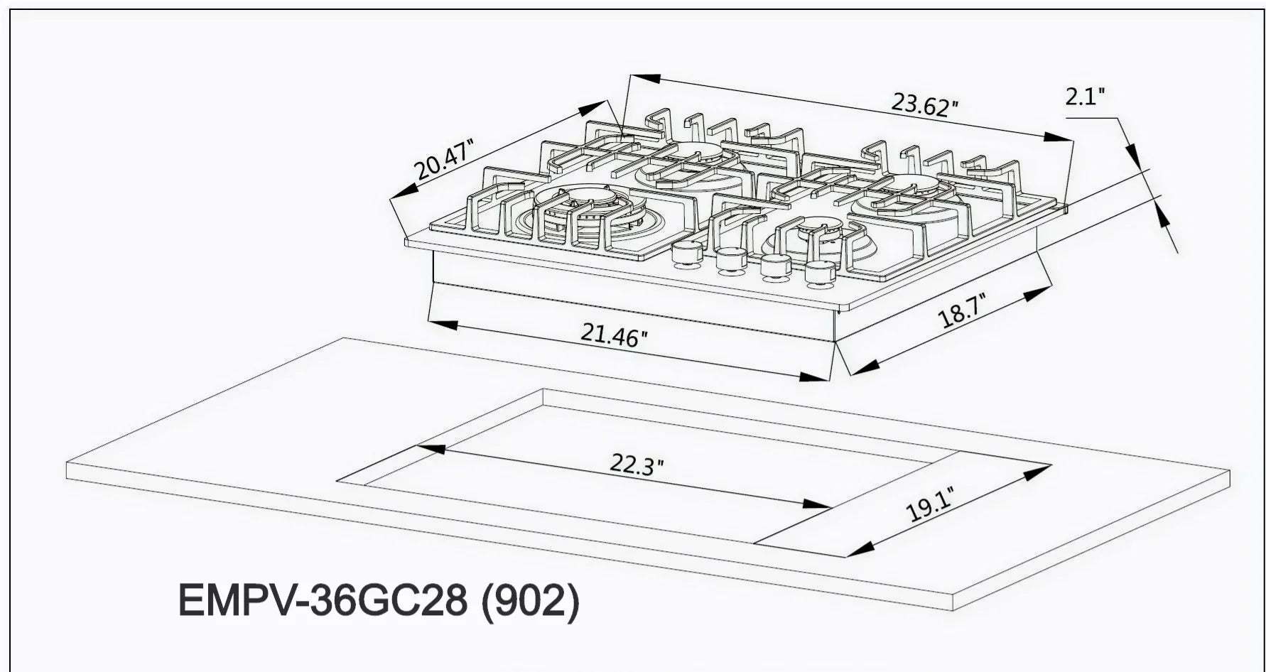 Black natural gas cooktop layout diagram showing burner placement and dimensions