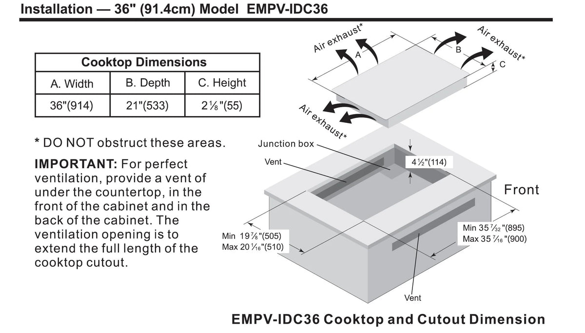Installation and cutout dimensions diagram for EMPV-IDC36 36-inch induction cooktop
