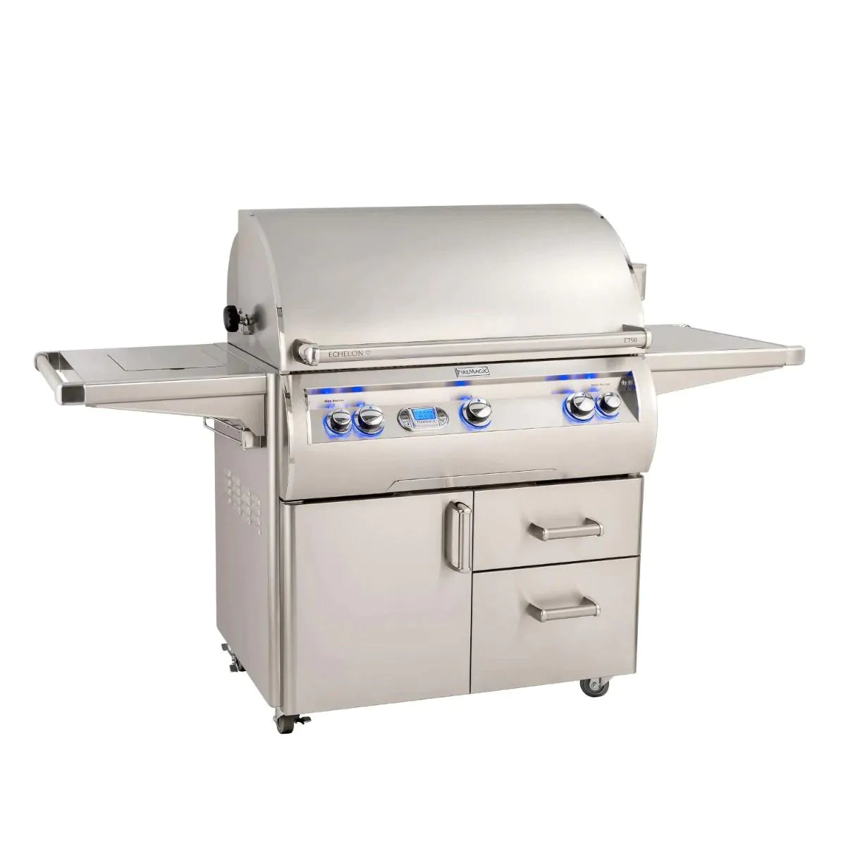 Freestanding stainless gas grill with side shelves, control knobs, and storage doors