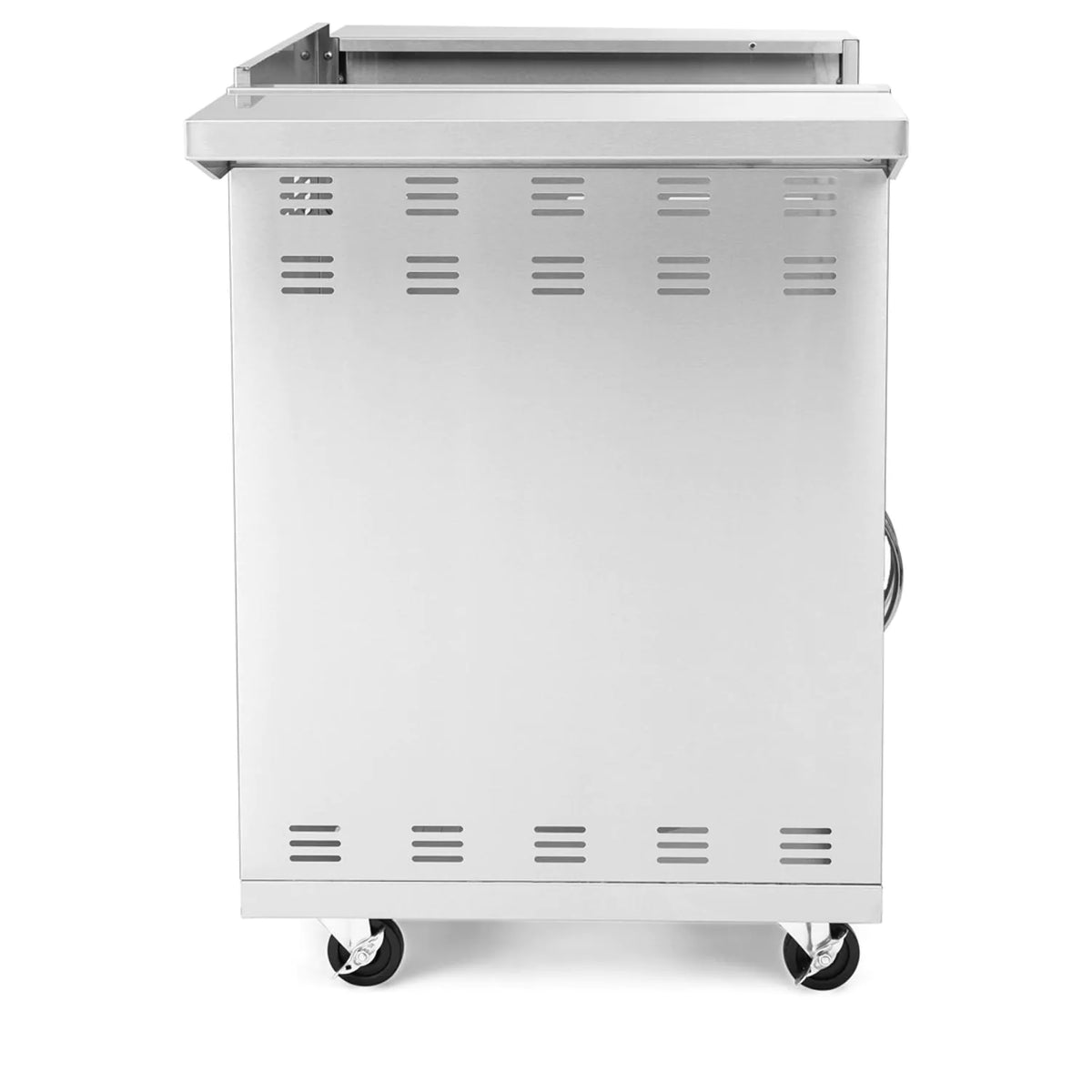 Stainless steel griddle cart with open top lid and perforated panels, on casters