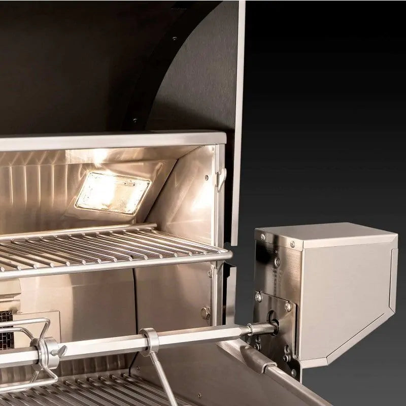 Open built-in grill showing inner hood area and rotisserie motor housing