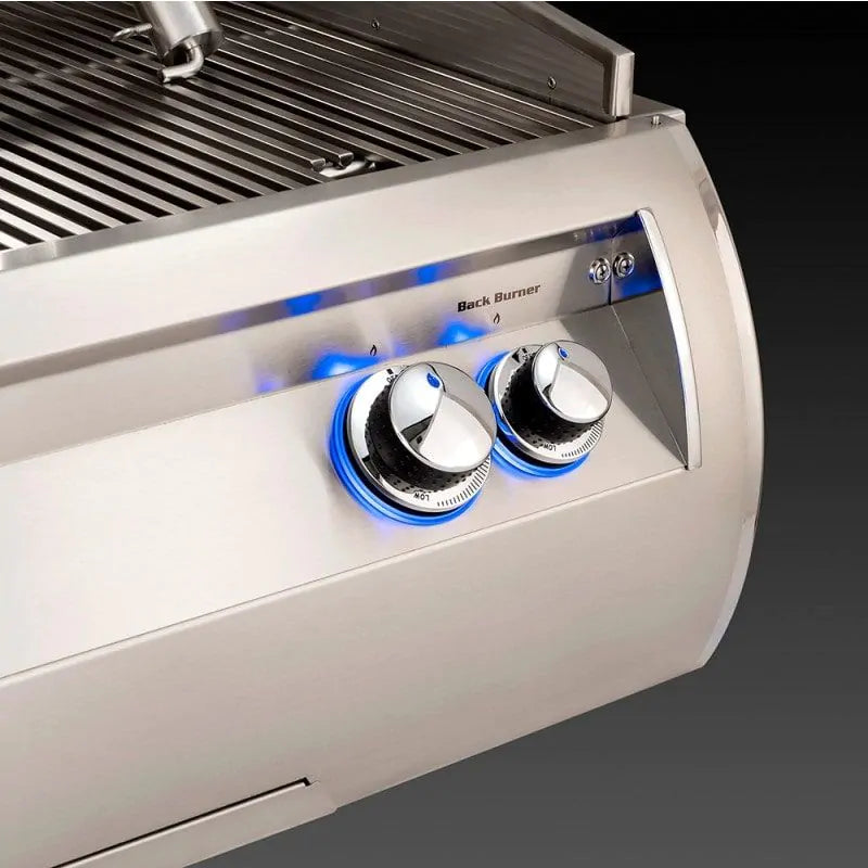 Stainless steel control knobs with blue-lit burners and back burner label