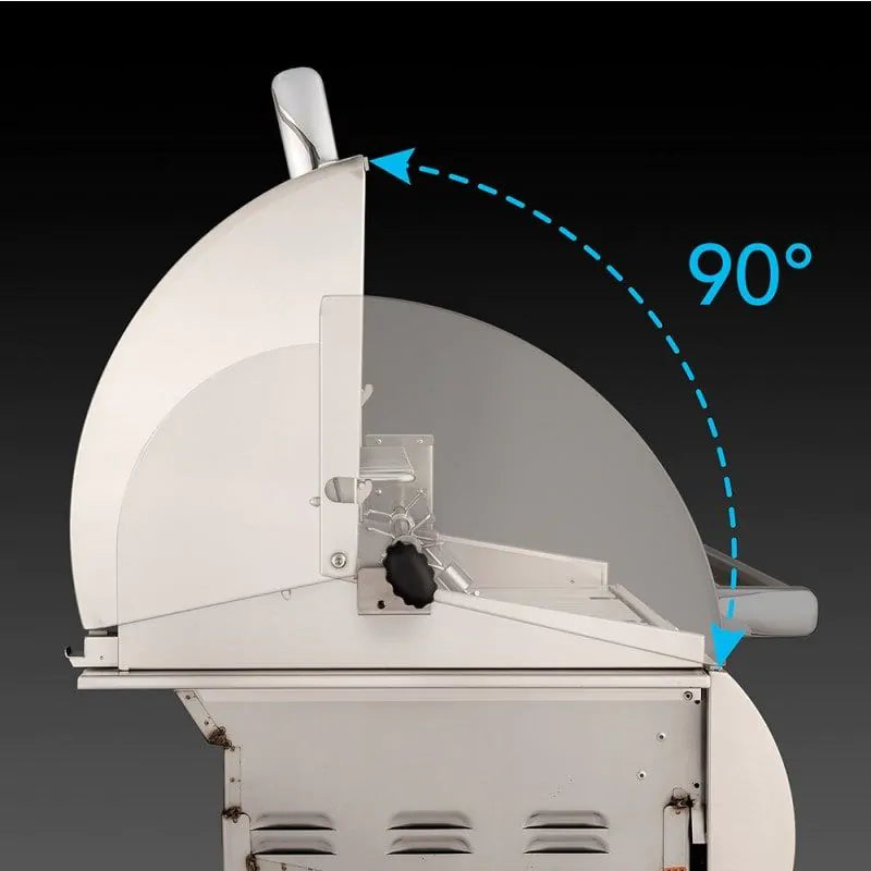 Rotisserie mount and arm on built-in grill with 90° angle guide