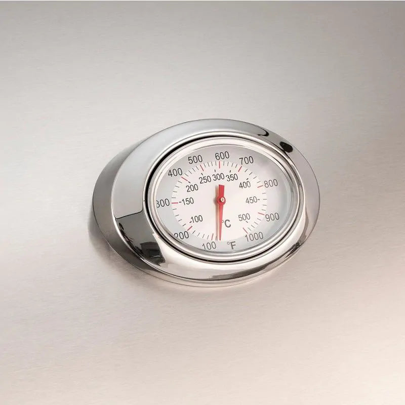 Analog grill thermometer with temperature scale in a chrome bezel