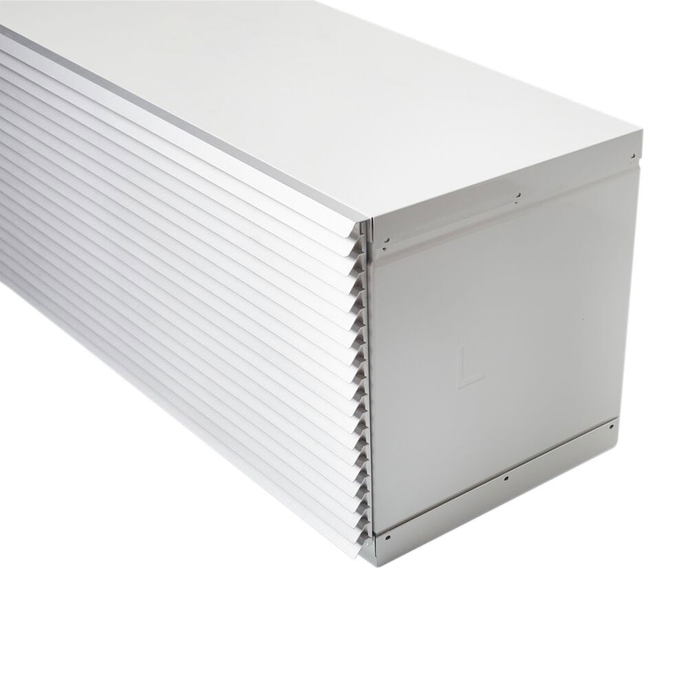 Light gray vent grille end with horizontal slats and mounting flange