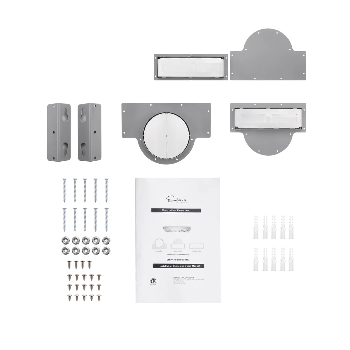 Range hood installation parts kit with brackets, fasteners, and instruction sheet