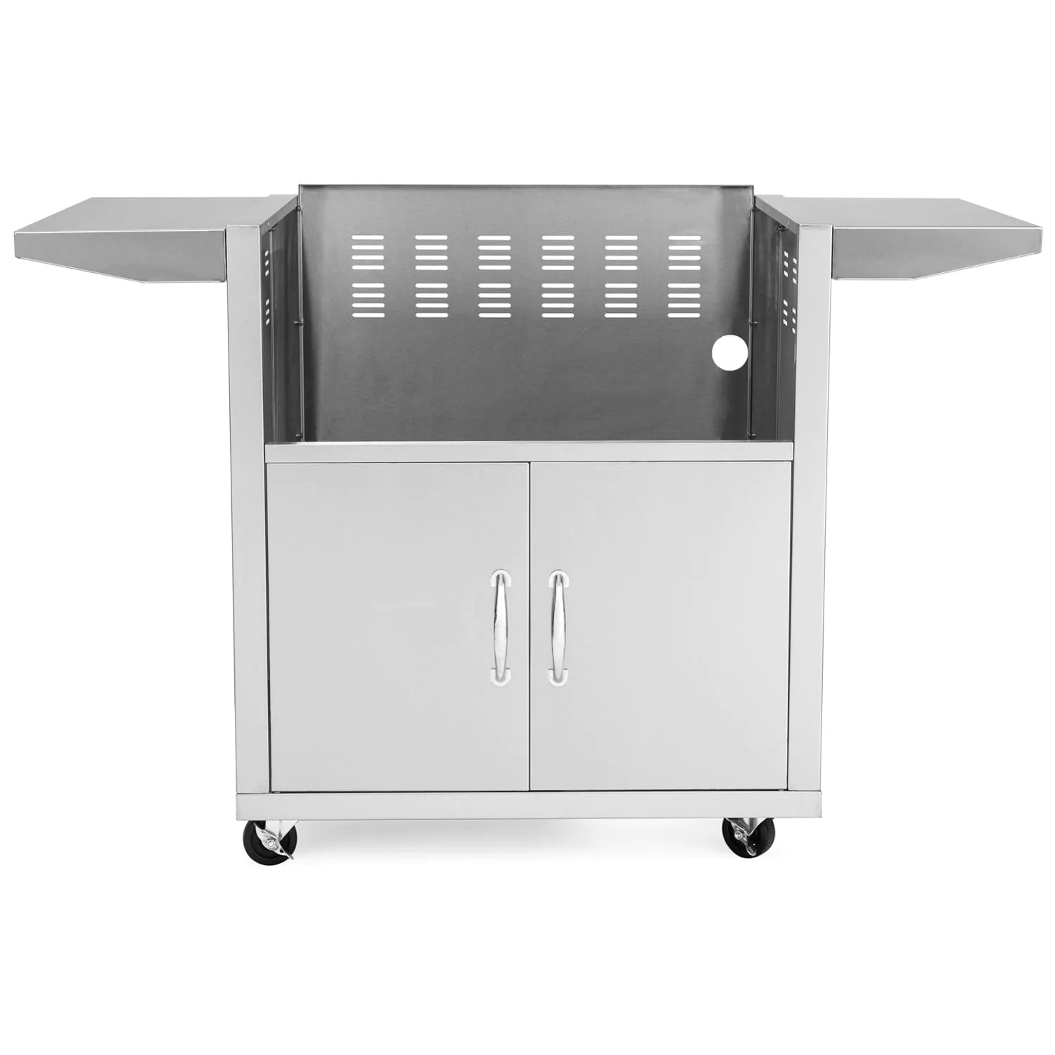 Premium stainless steel griddle cart with side shelves and two-door cabinet, on casters