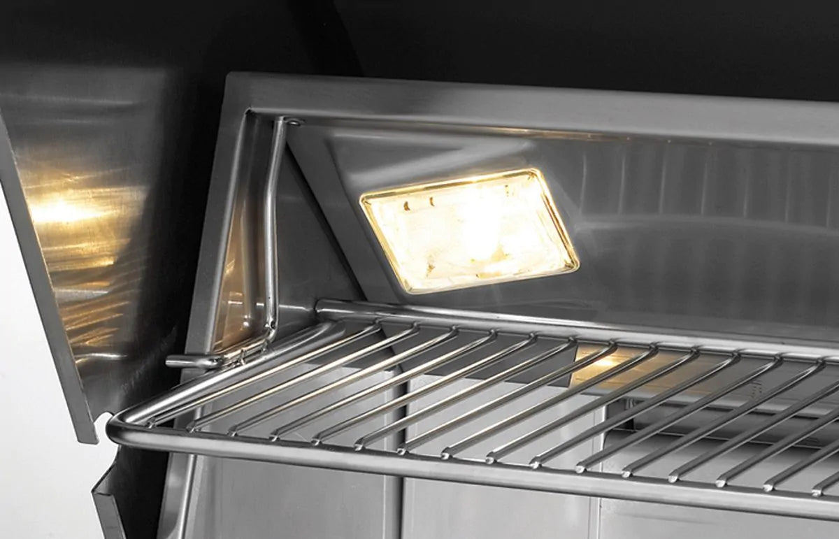 Stainless grill hood with interior halogen-style light over stainless cooking grates