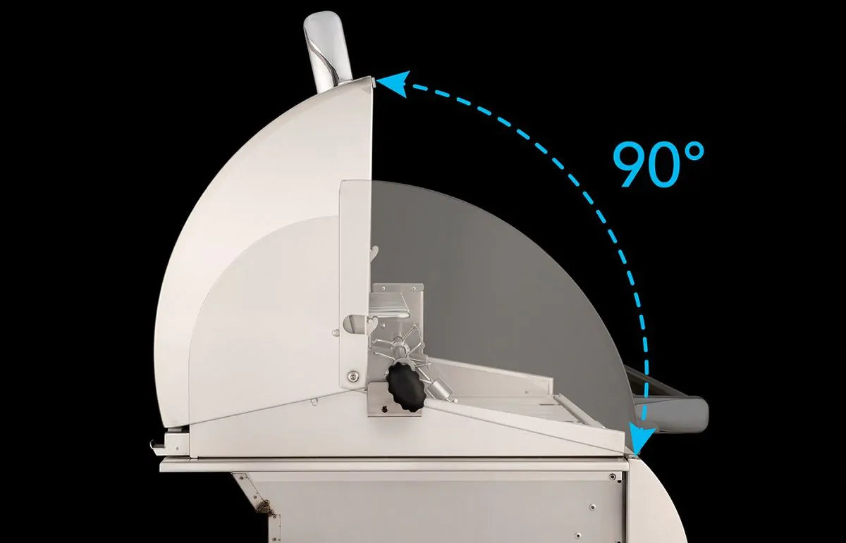 Rotisserie hood swing diagram showing 90° range