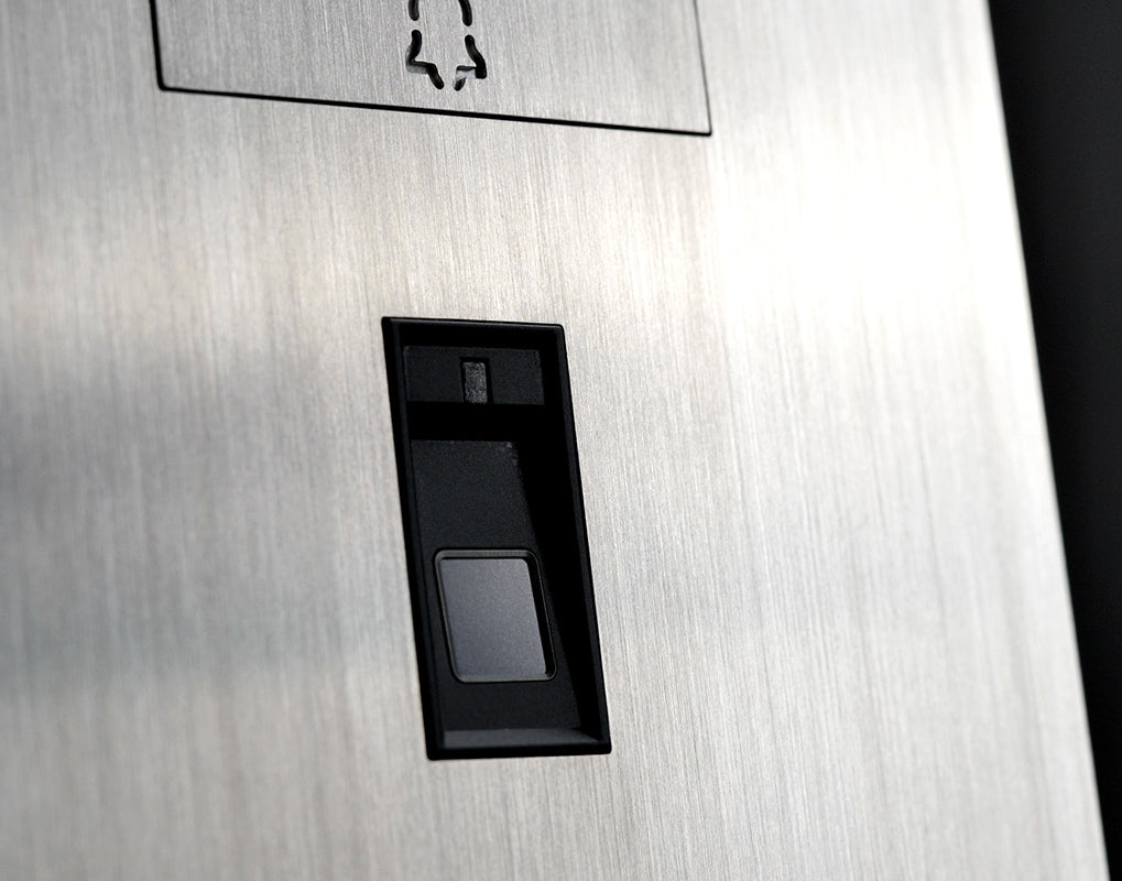 Stainless steel IP door station call button module with dark panel and illuminated window