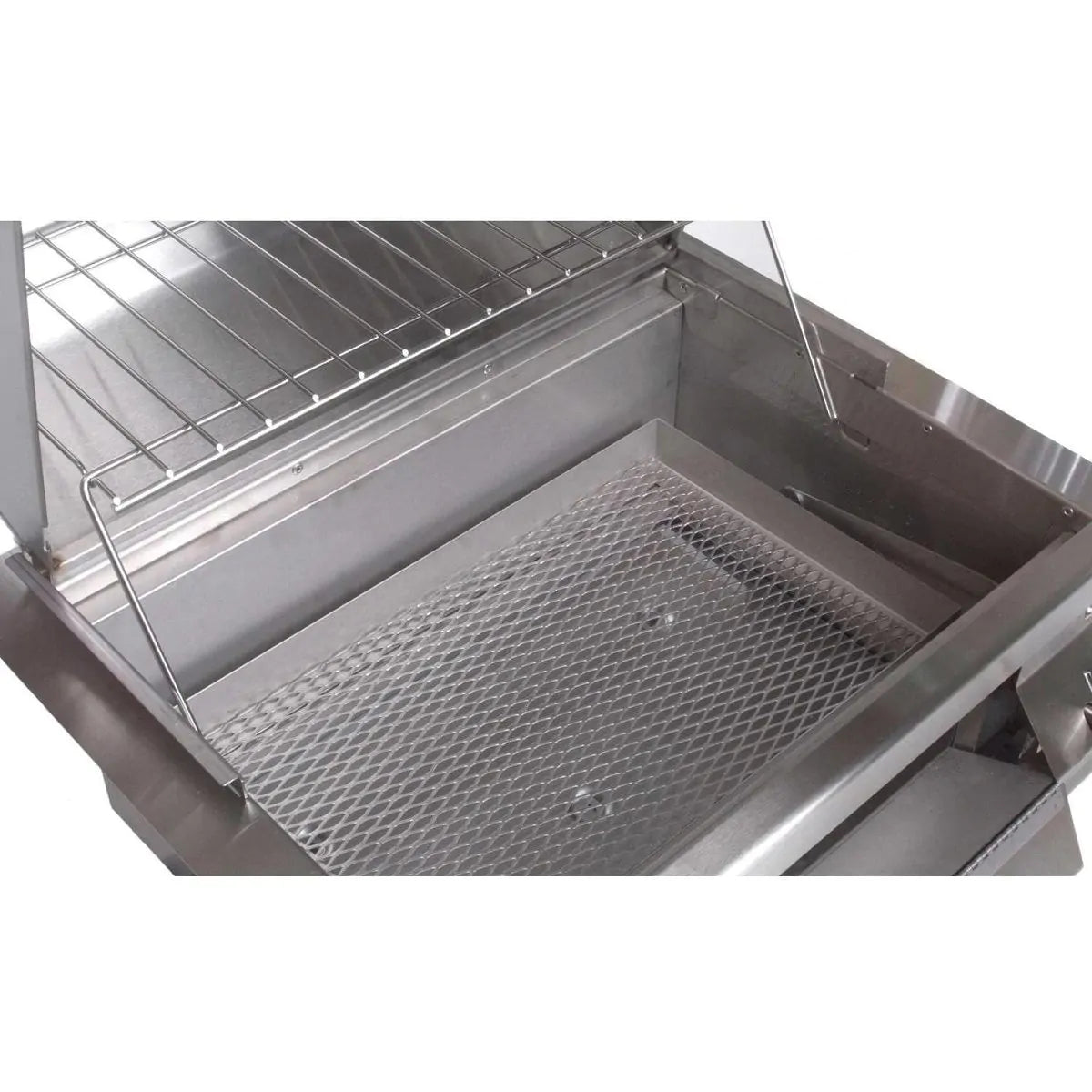 Charcoal grill firebox with removable mesh charcoal tray and wire cooking rack