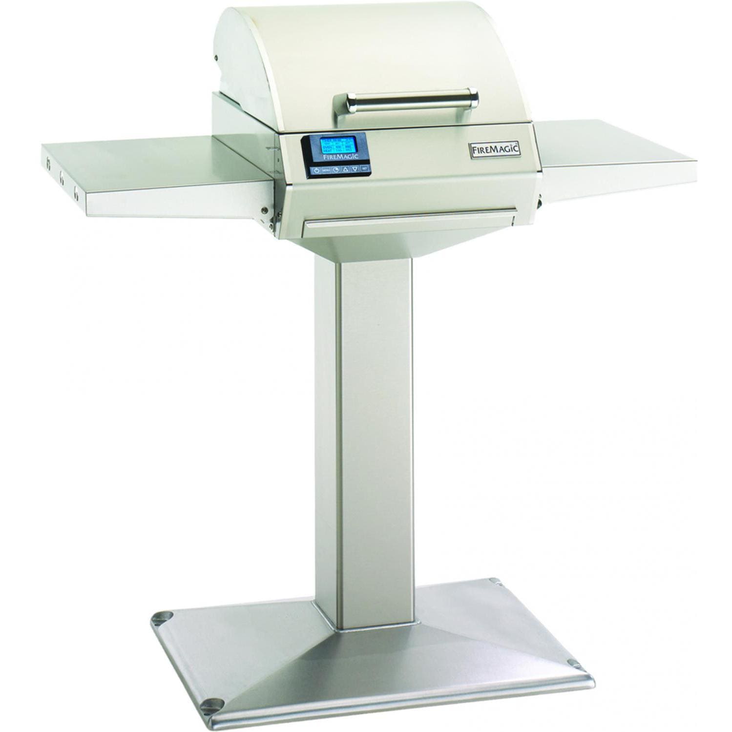 Fire Magic electric grill on pedestal base, closed lid, built-in control display