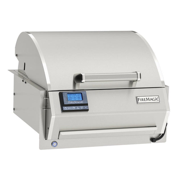 Built-in electric grill with stainless lid and control panel, side warming shelf