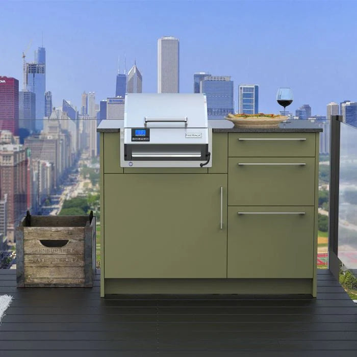 Built-in electric grill with stainless lid and control panel on green cabinet