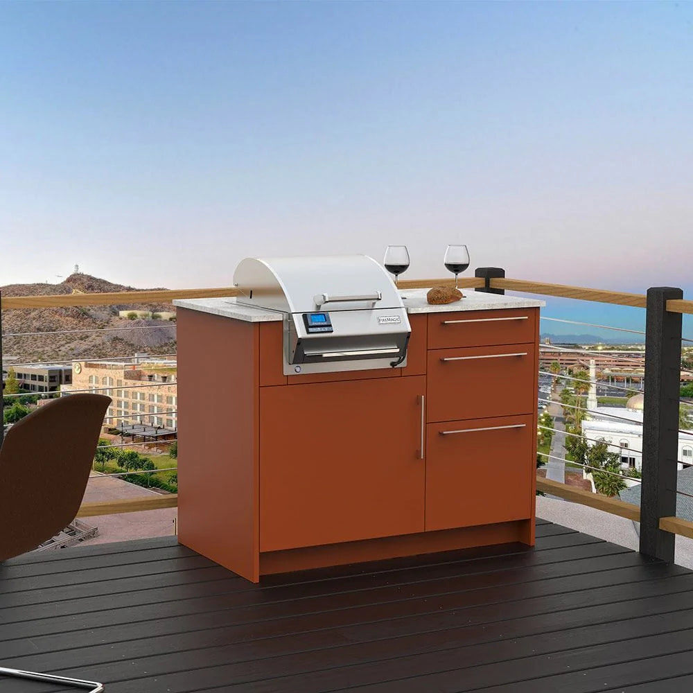 Built-in electric grill with stainless lid, side burner shelf, and cabinet base