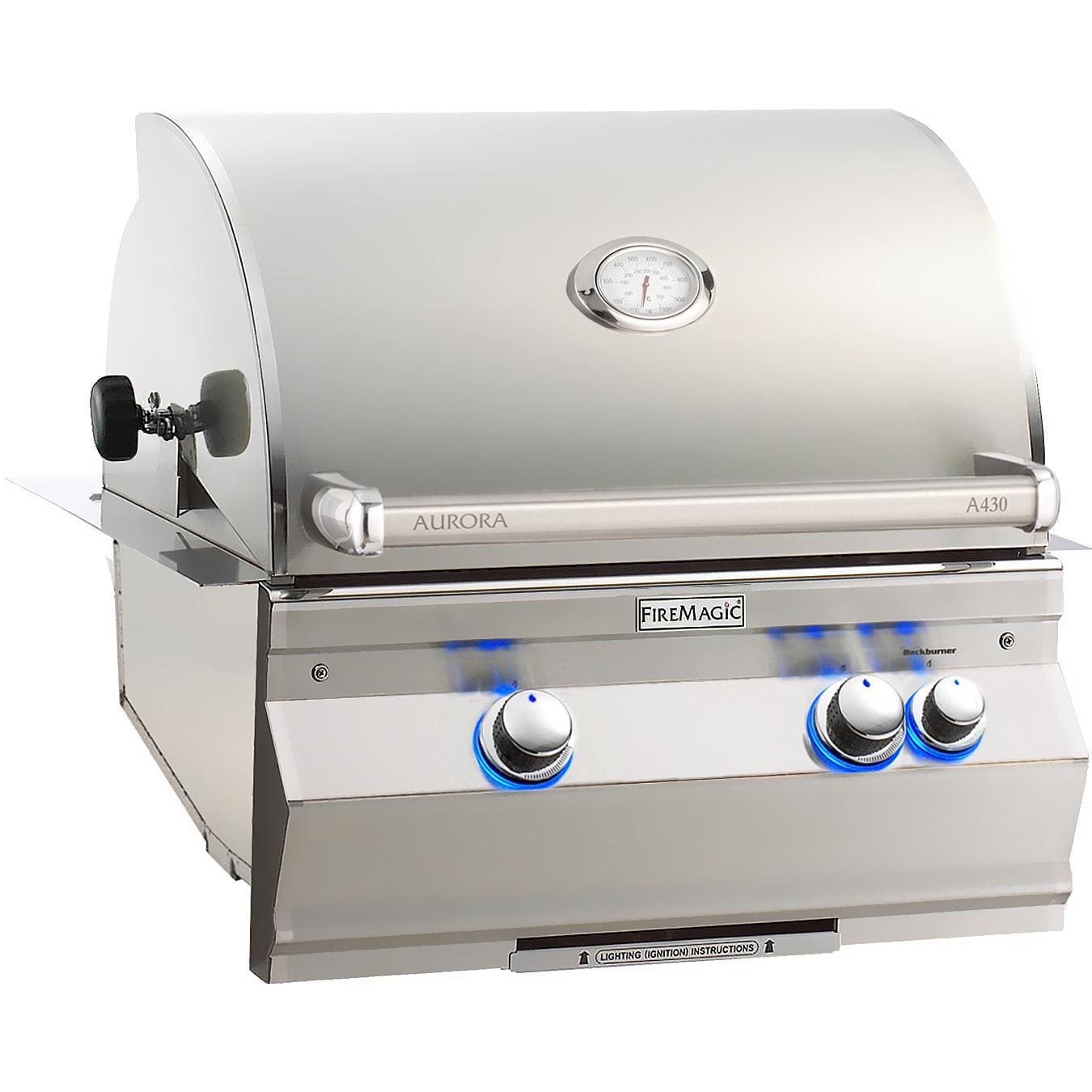 Stainless built-in gas grill with analog thermometer, control knobs, and front control panel