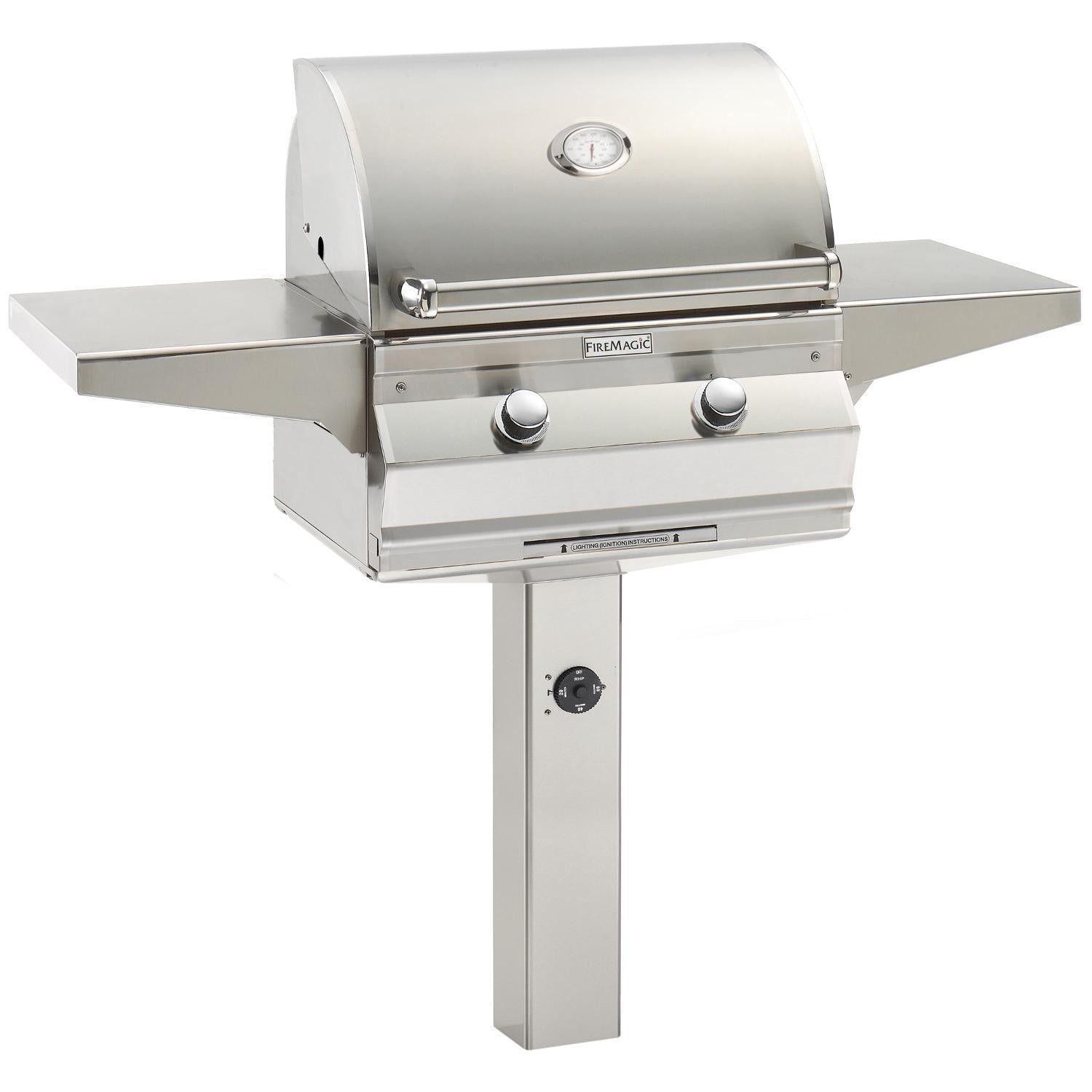 Stainless steel natural gas grill with lid, two control knobs, and side shelf