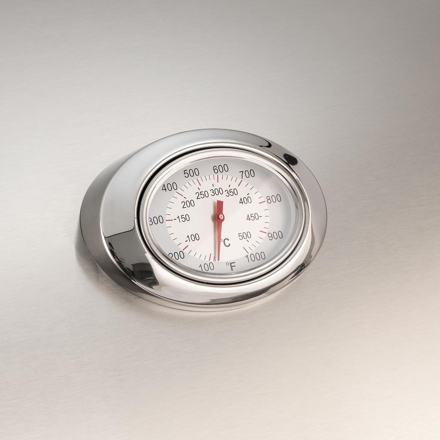 Analog grill thermometer with Fahrenheit scale in chrome housing