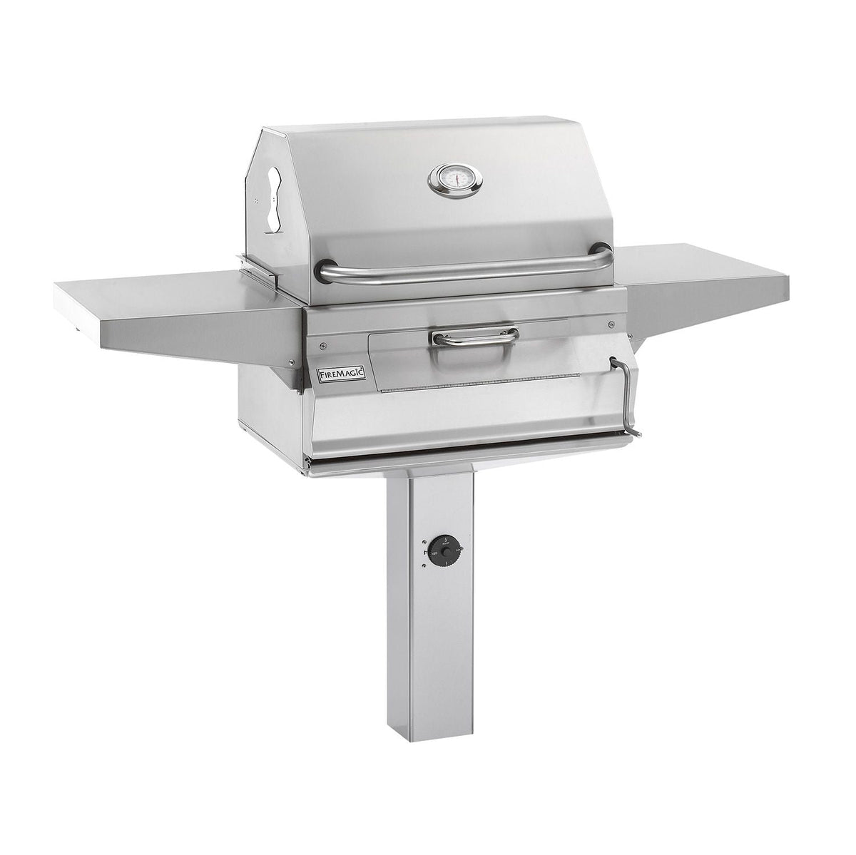 Stainless steel freestanding charcoal smoker grill with side shelves and control knob