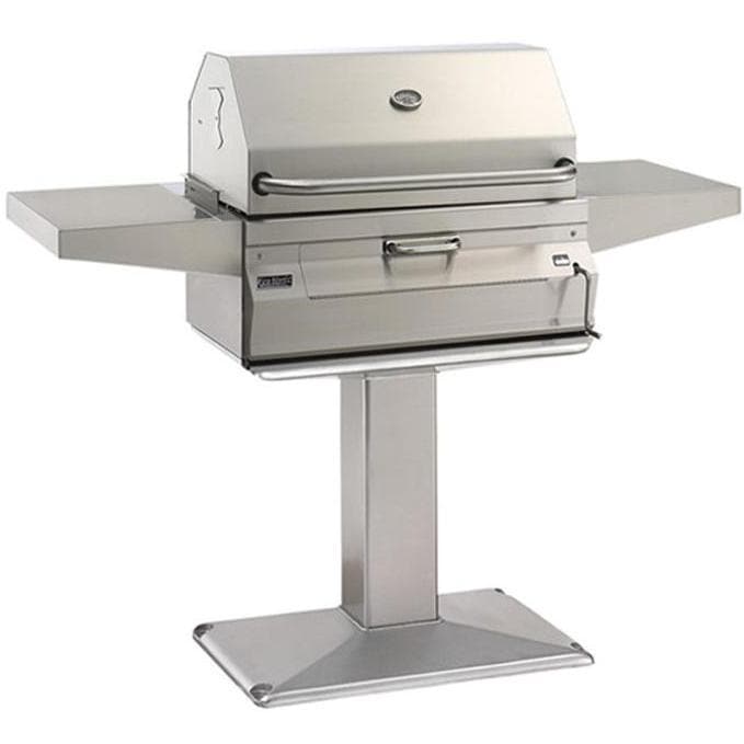 Stainless steel freestanding charcoal smoker grill with closed lid and side shelves