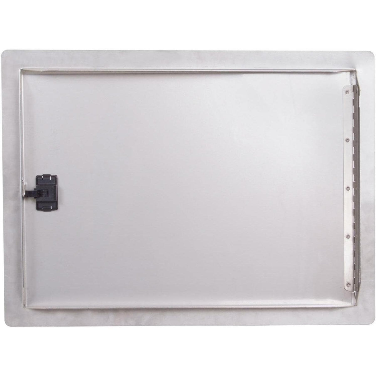Stainless steel access door frame with hinged interior panel and dark latch mount