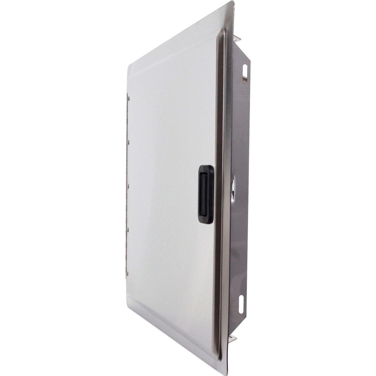 Stainless steel access door with dark latch handle, shown in side view