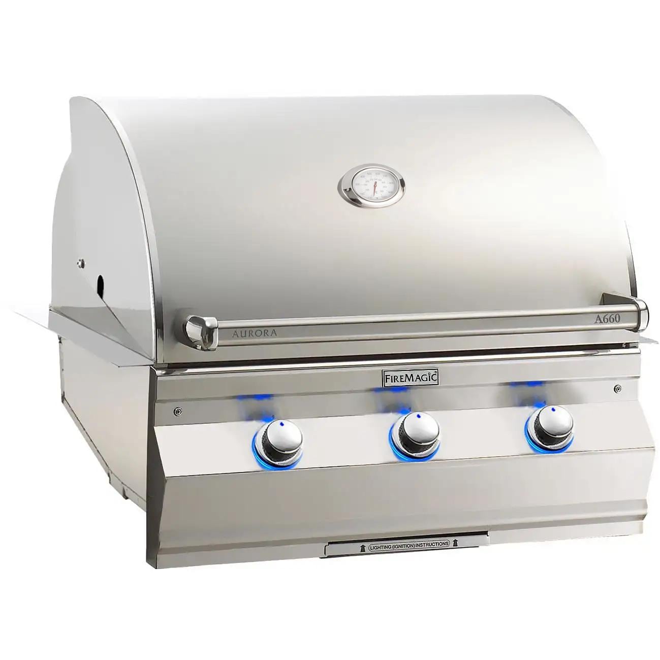 Stainless steel built-in natural gas grill with three control knobs and hood