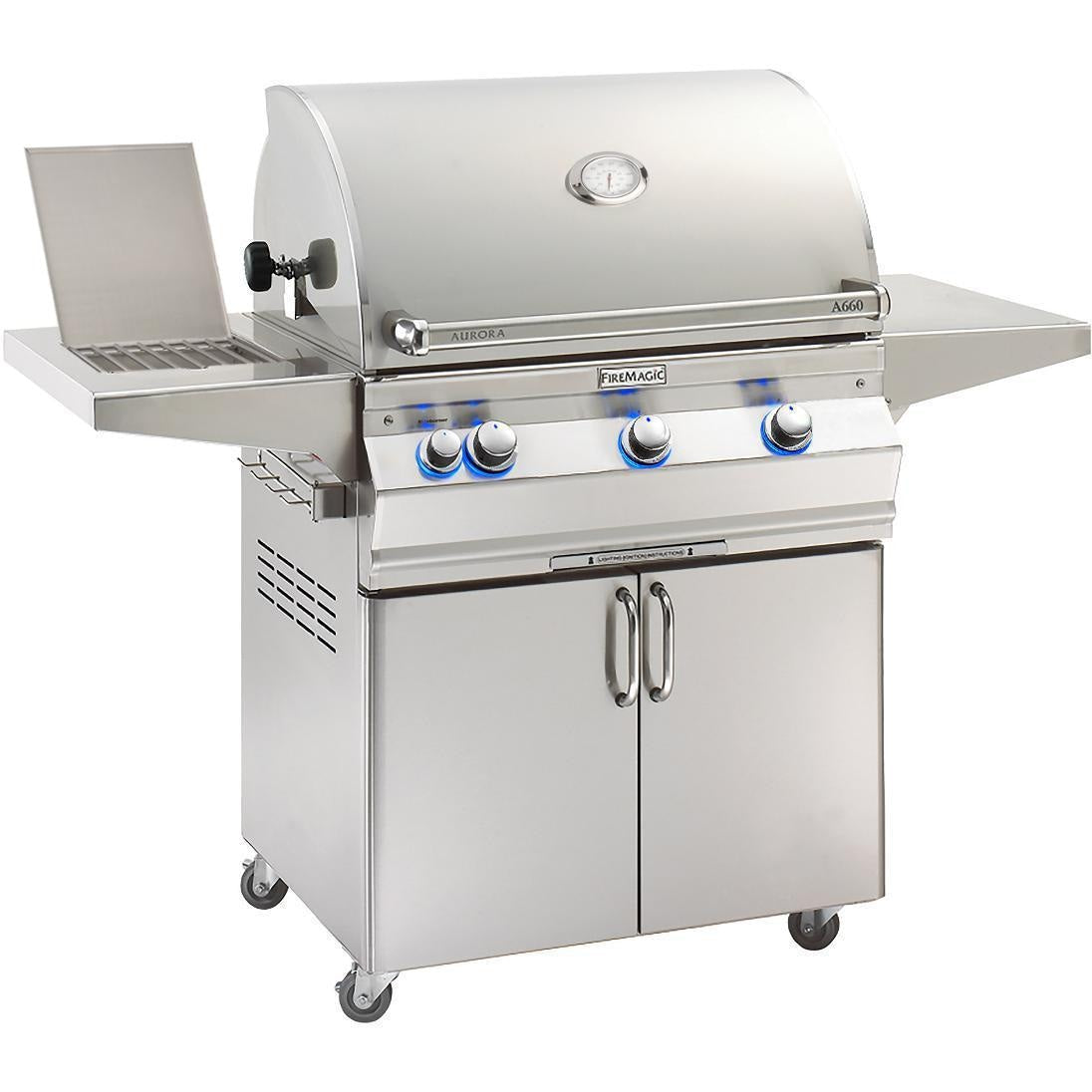 Stainless steel gas grill with side shelf, front doors, and control panel