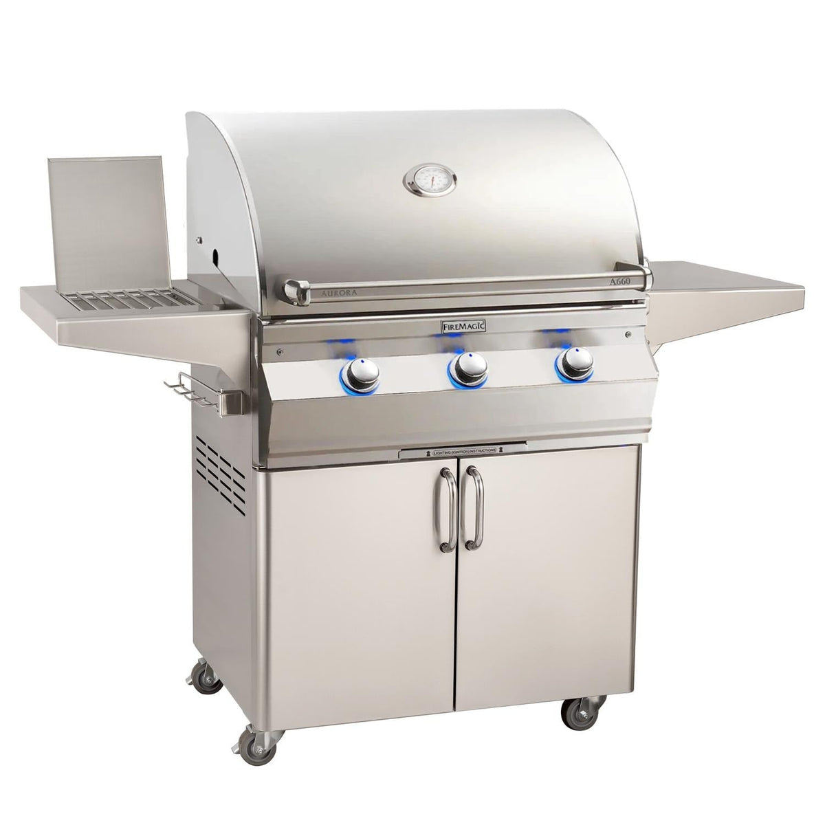 Stainless freestanding gas grill with closed lid, side burner shelf, two cabinet doors