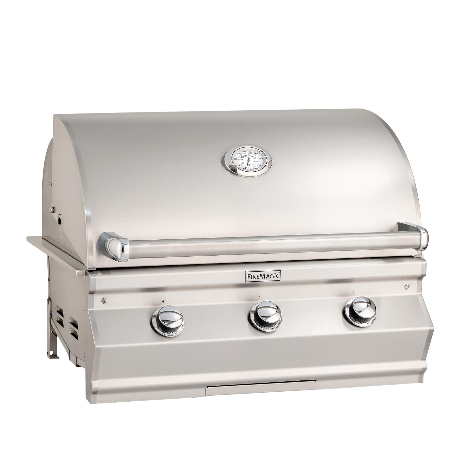 Built-in gas grill with FireMagic logo, analog thermometer and three control knobs