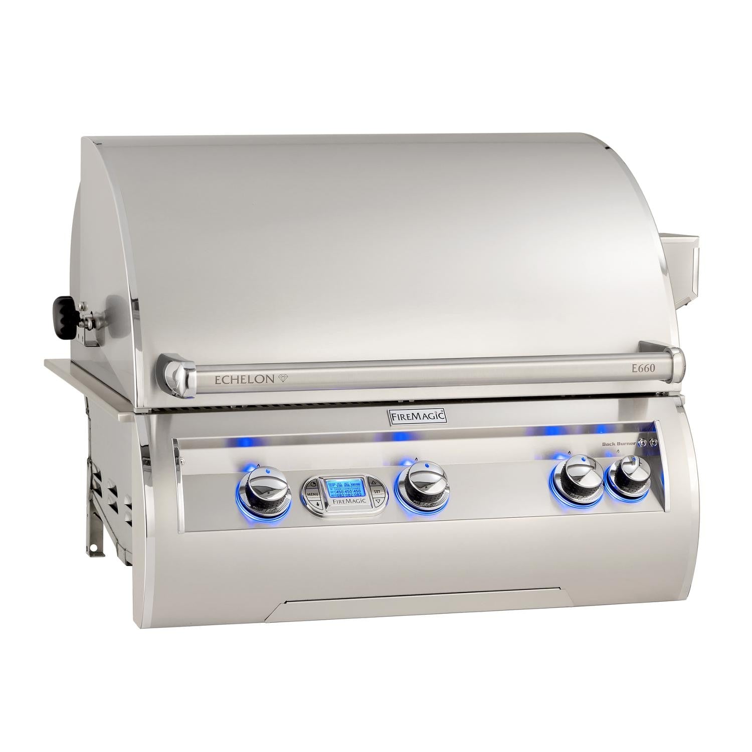 Built-in gas grill with stainless hood, front control knobs, and blue LED indicators