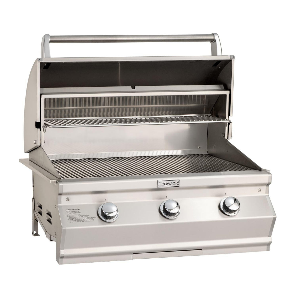 Stainless built-in propane grill with open lid, grates, and three front control knobs