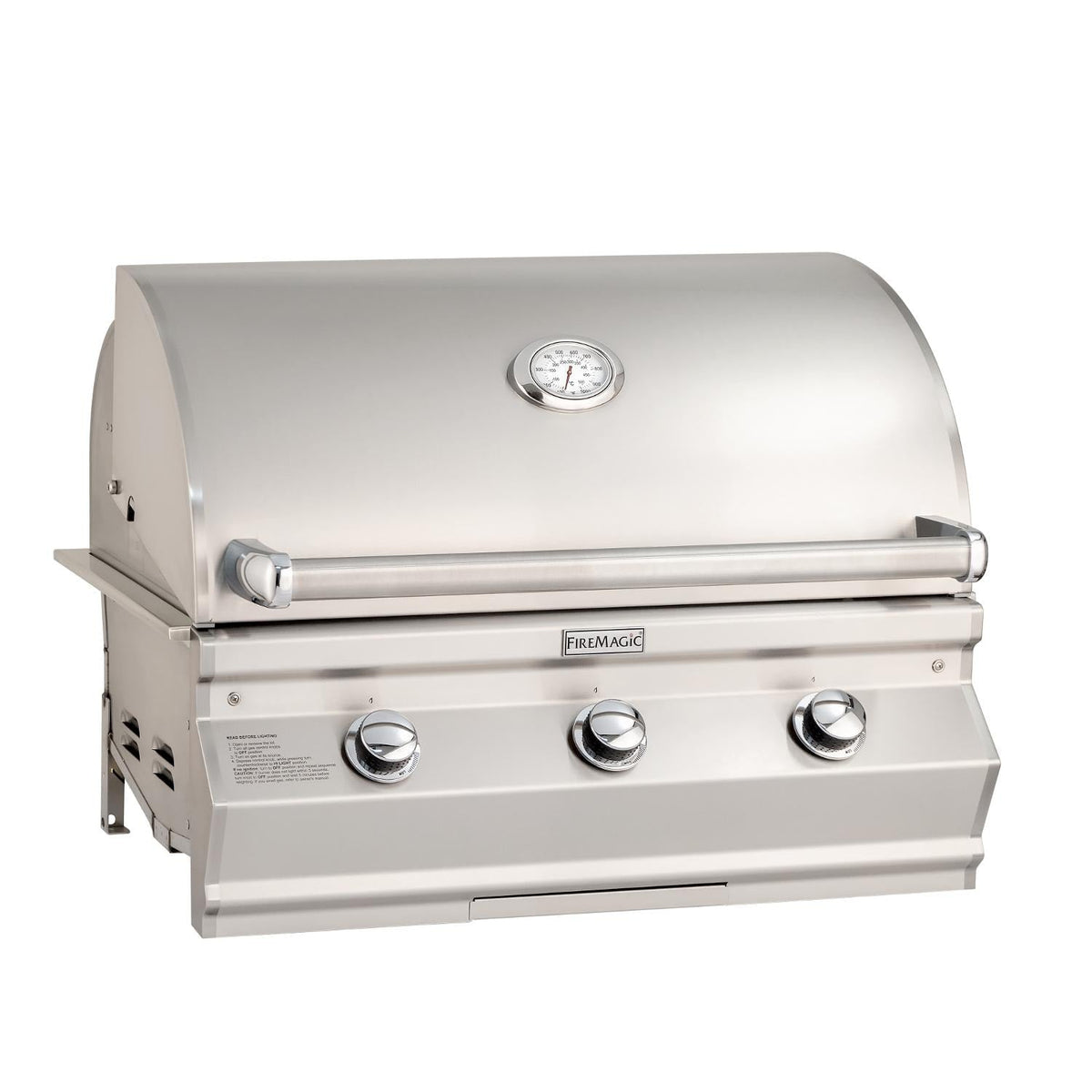 Stainless built-in propane grill with lid-mounted thermometer and three front control knobs