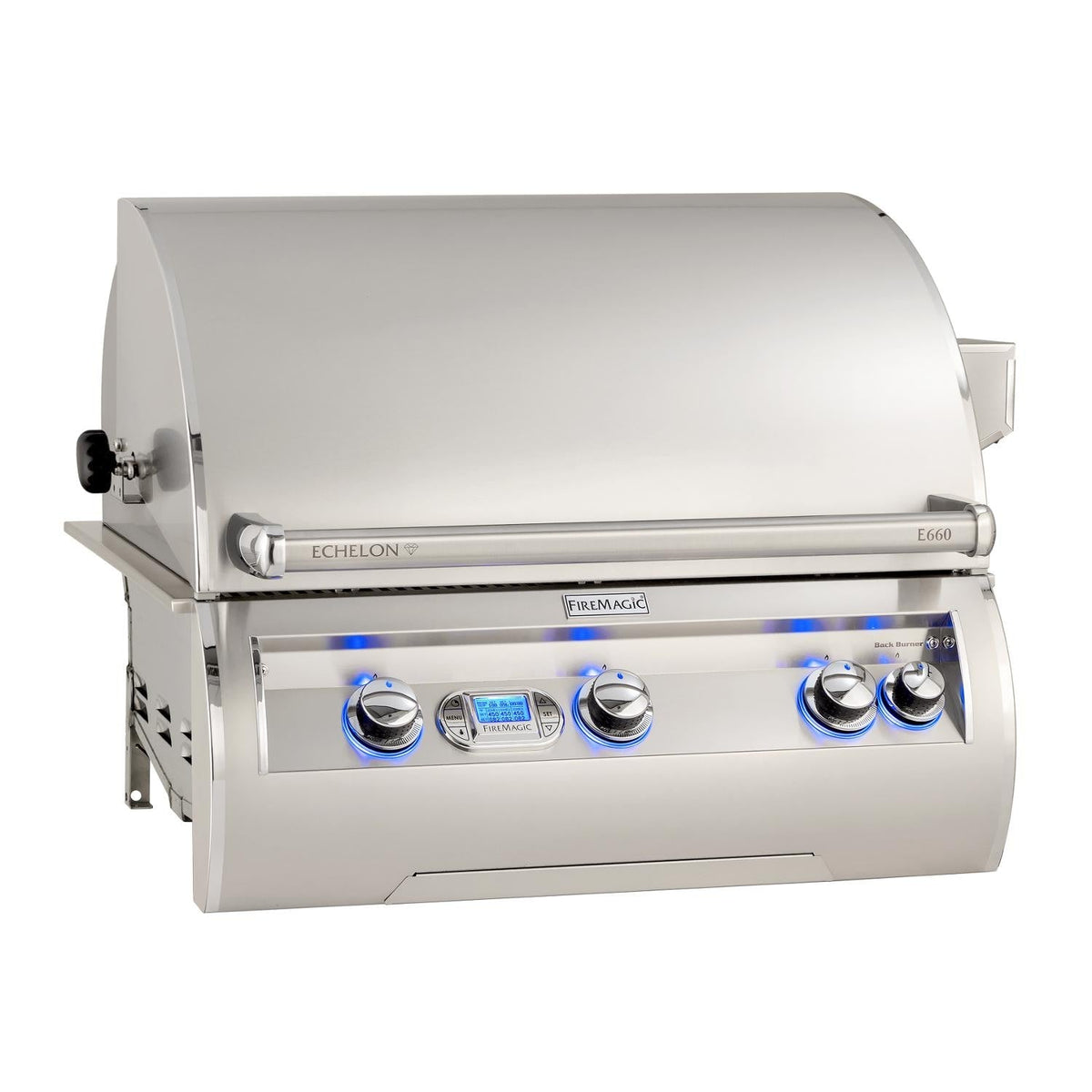 Stainless built-in natural gas grill with closed lid and blue control lights
