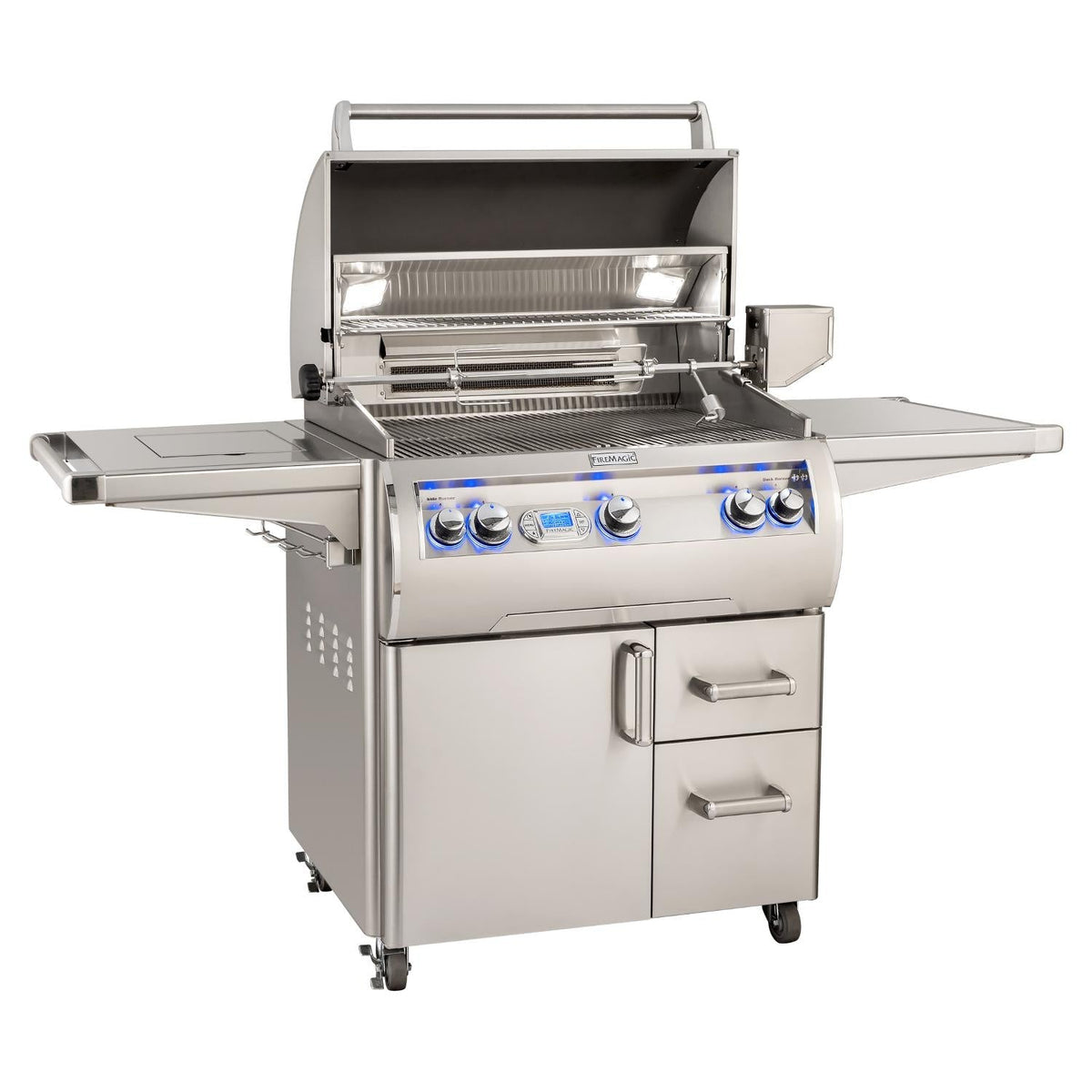 Freestanding stainless propane gas grill with open lid, warming rack, and front control knobs