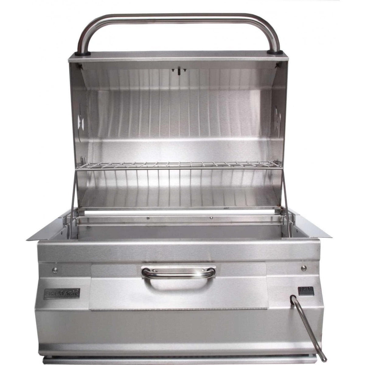 Stainless steel built-in charcoal smoker grill with open lid and front handle
