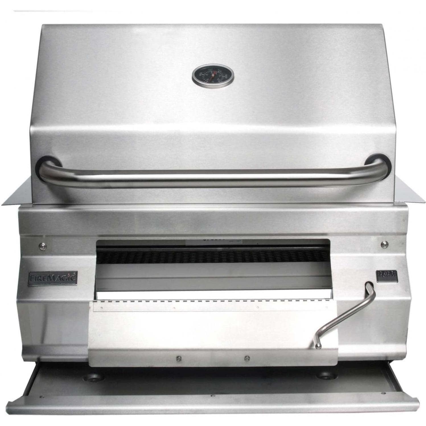 Stainless steel charcoal smoker grill with handle and temperature gauge on hood