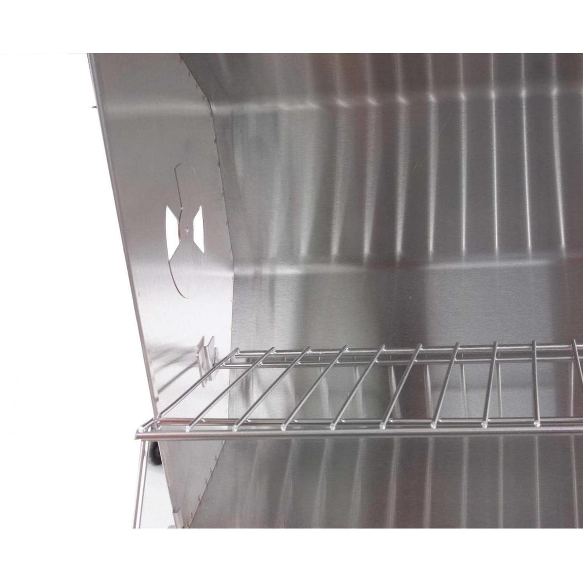 Stainless steel smoker grill interior with metal heat shield and grate