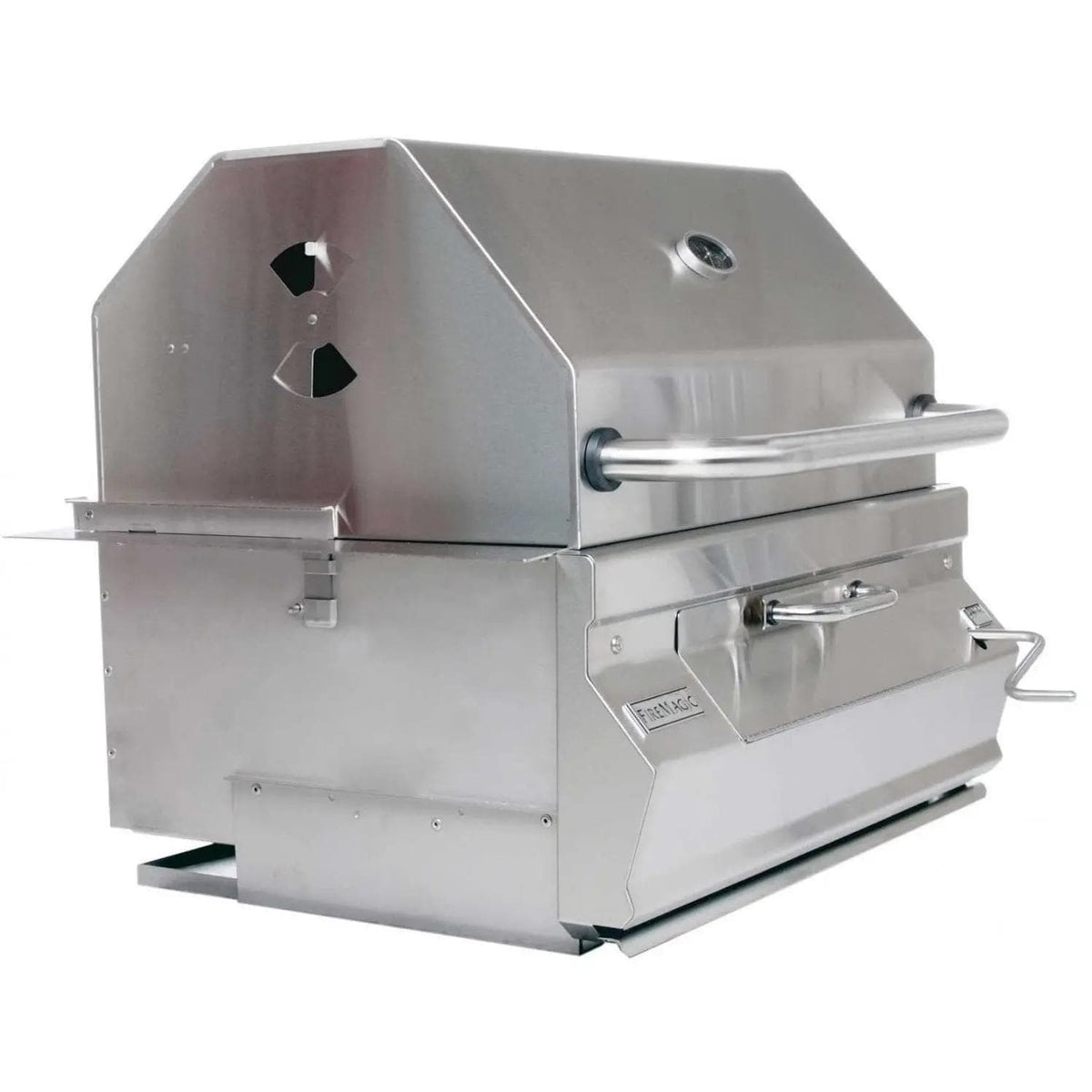 Stainless steel built-in charcoal smoker grill with side vent and front latch
