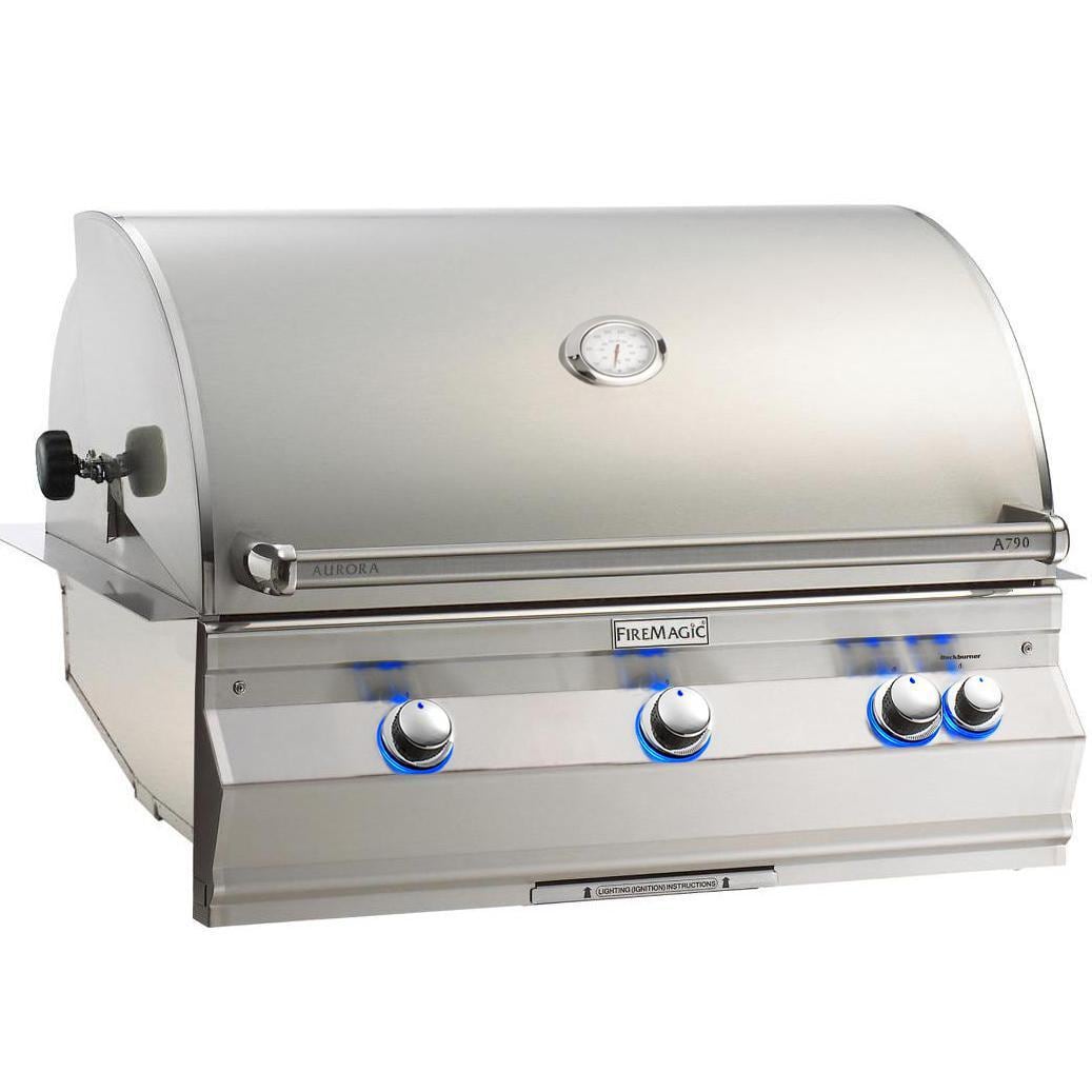 Stainless steel propane gas grill with hood thermometer and four control knobs