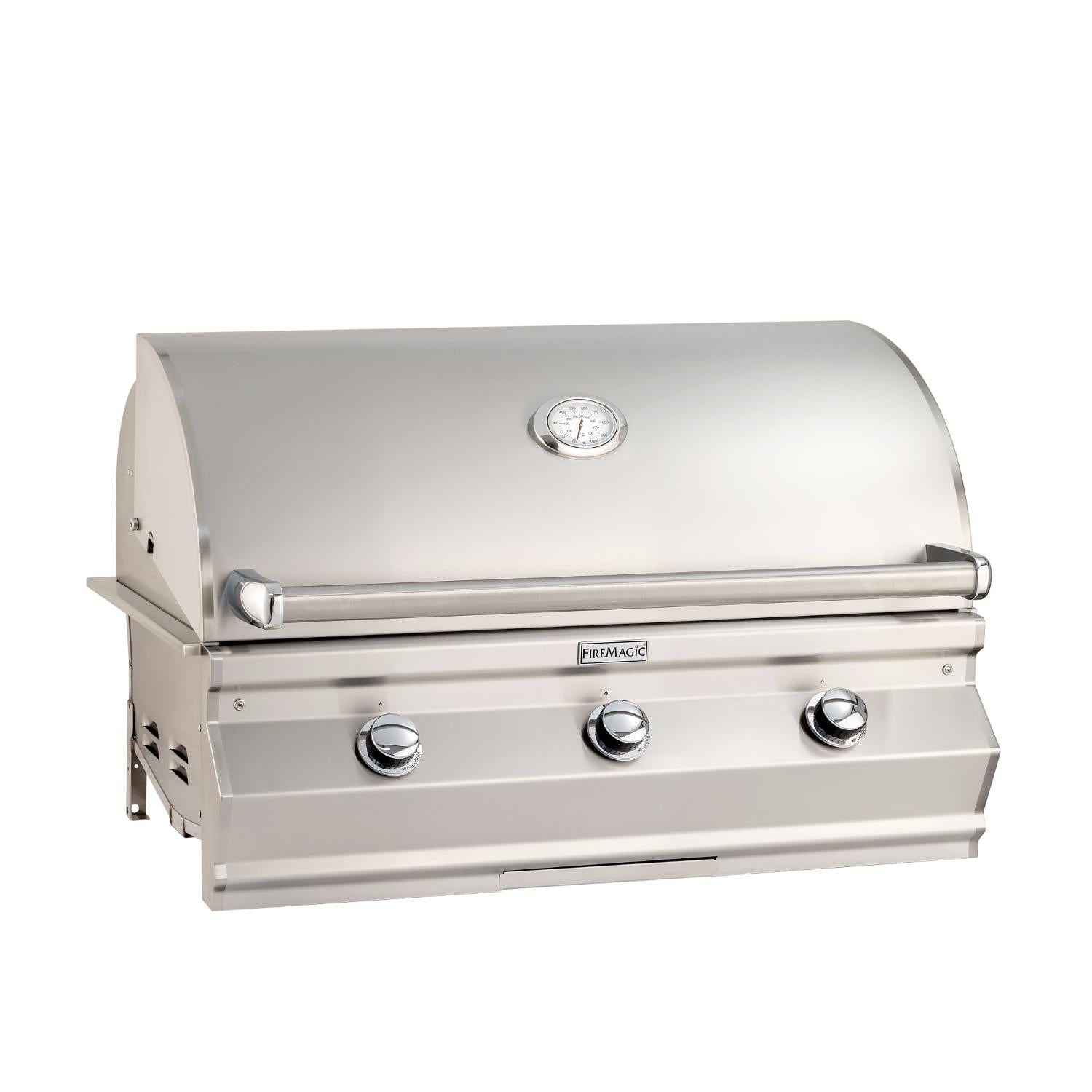 Stainless built-in gas grill with analog thermometer and three front control knobs