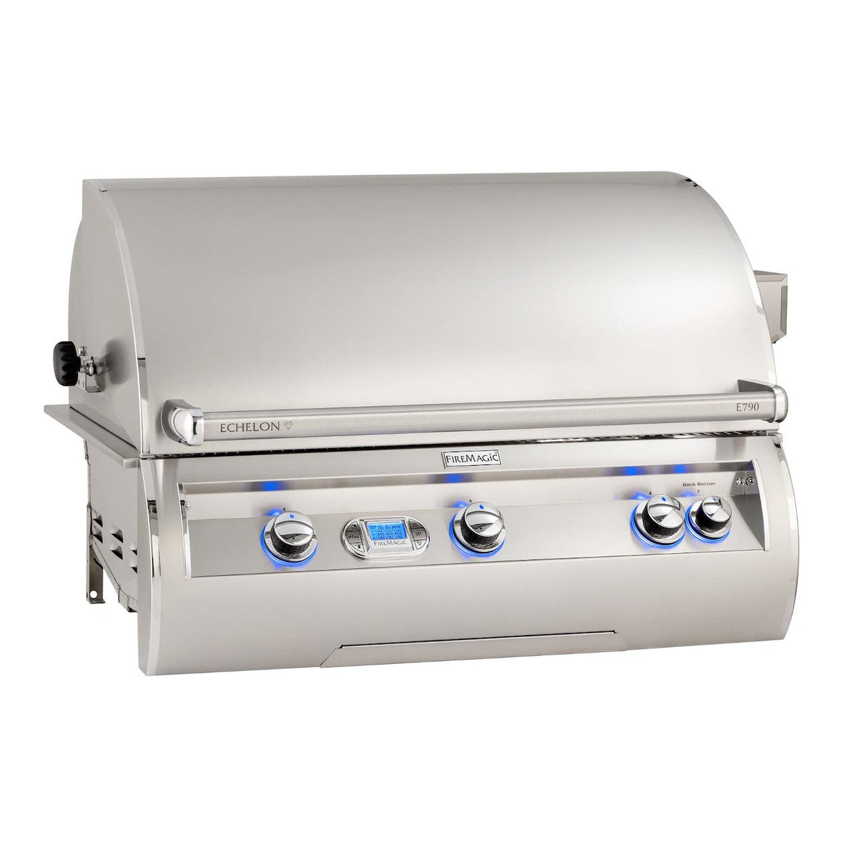 Stainless built-in gas grill front view with control knobs and warming hood