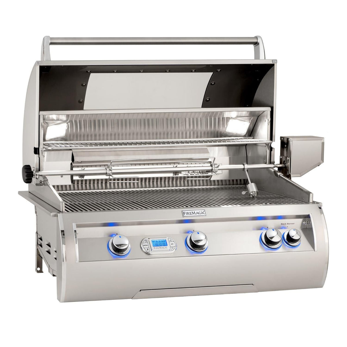 Open stainless gas grill with cooking grates and blue-lit front control panel