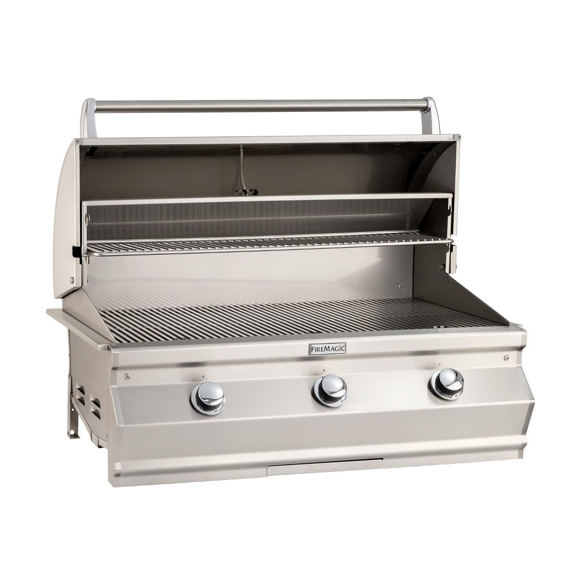 Stainless steel built-in propane grill with open lid and cooking grates visible