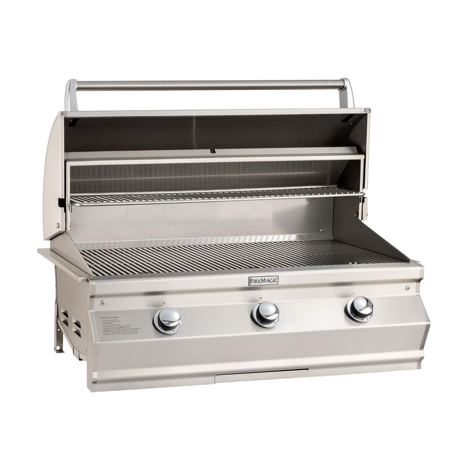 Built-in stainless steel grill with open lid, warming tray, and control knobs