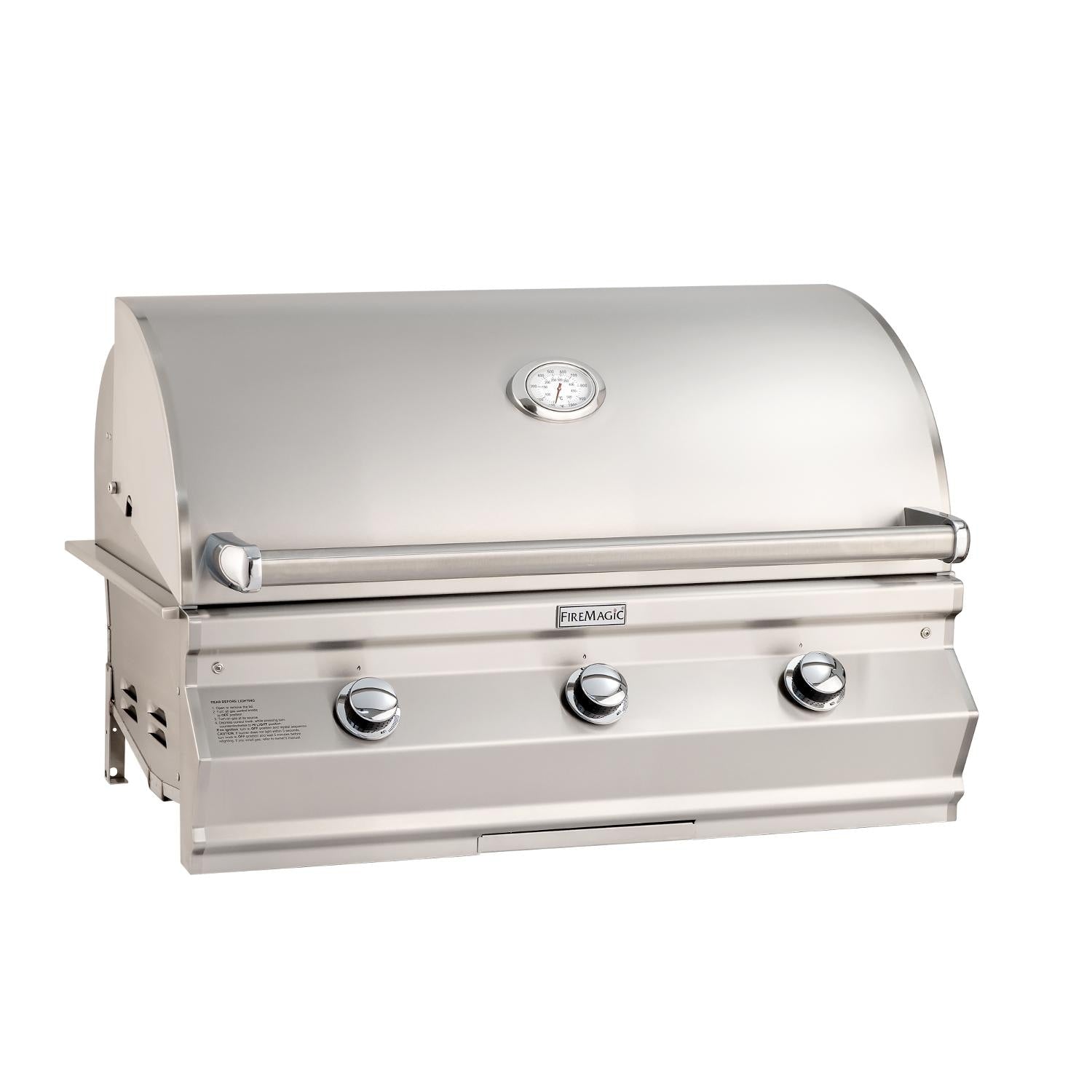 Stainless steel built-in gas grill with lid, analog thermometer, and three control knobs