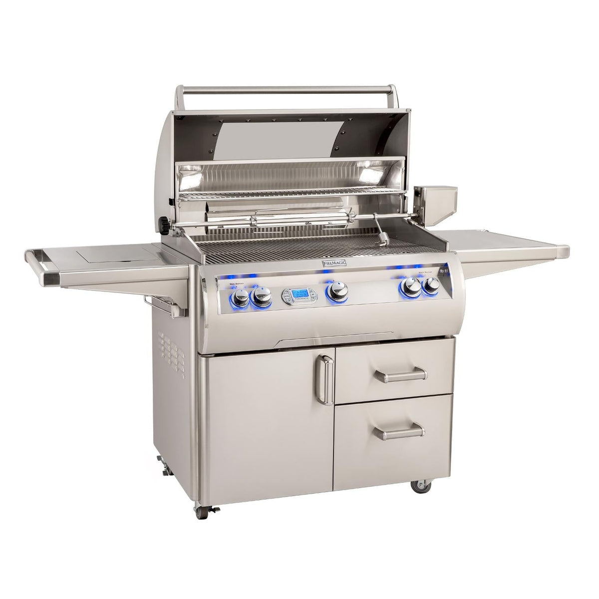 Freestanding stainless propane grill with open lid, cooking grates, and side shelves